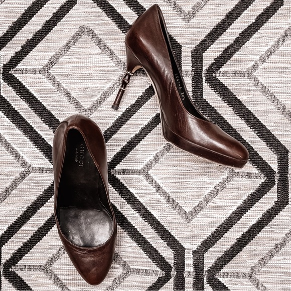 Gucci platform chocolate stilettos with signature bamboo shaped heels size 36.5 - Picture 4 of 6